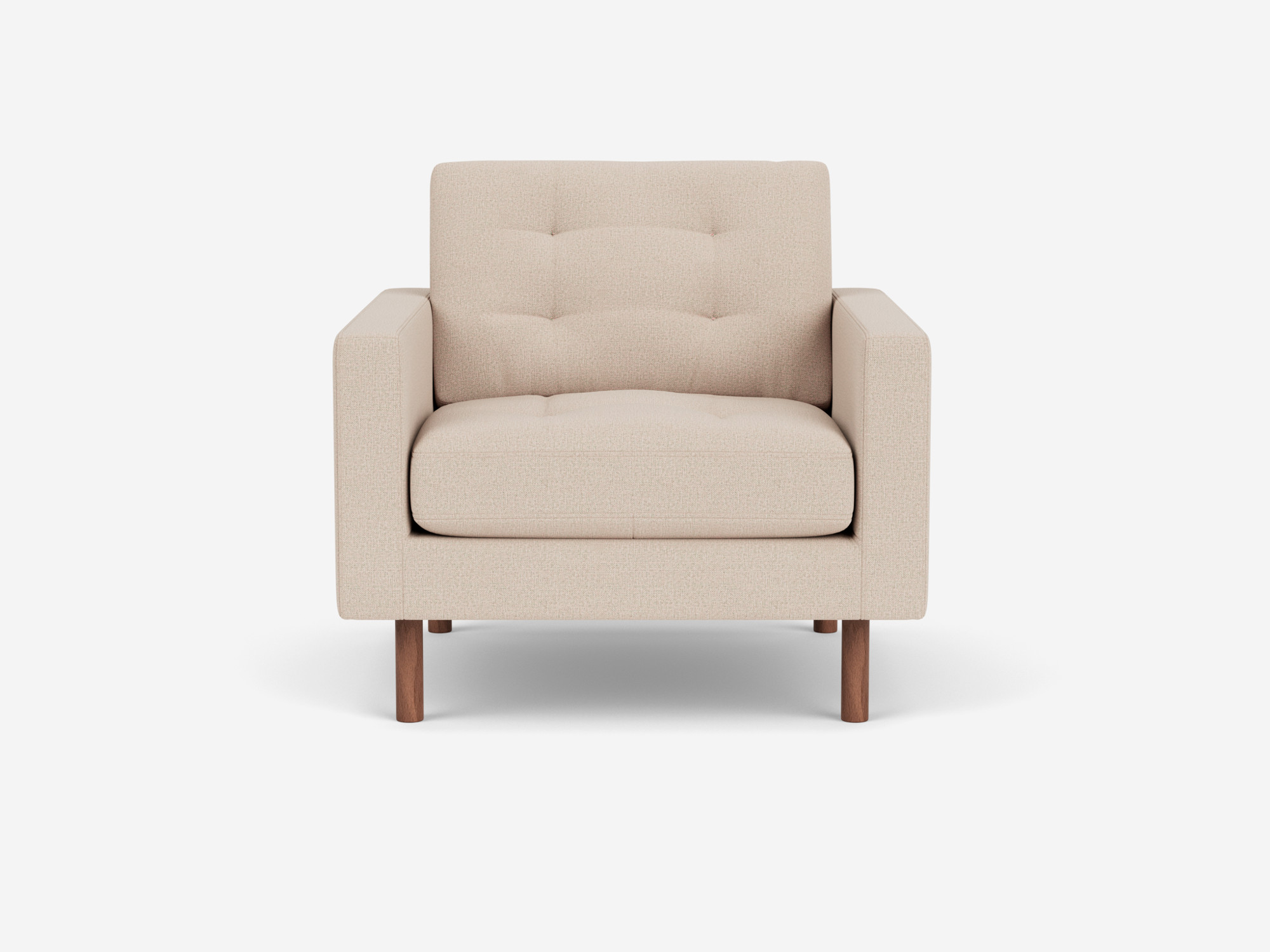 Front view of beige tufted chair with walnut legs